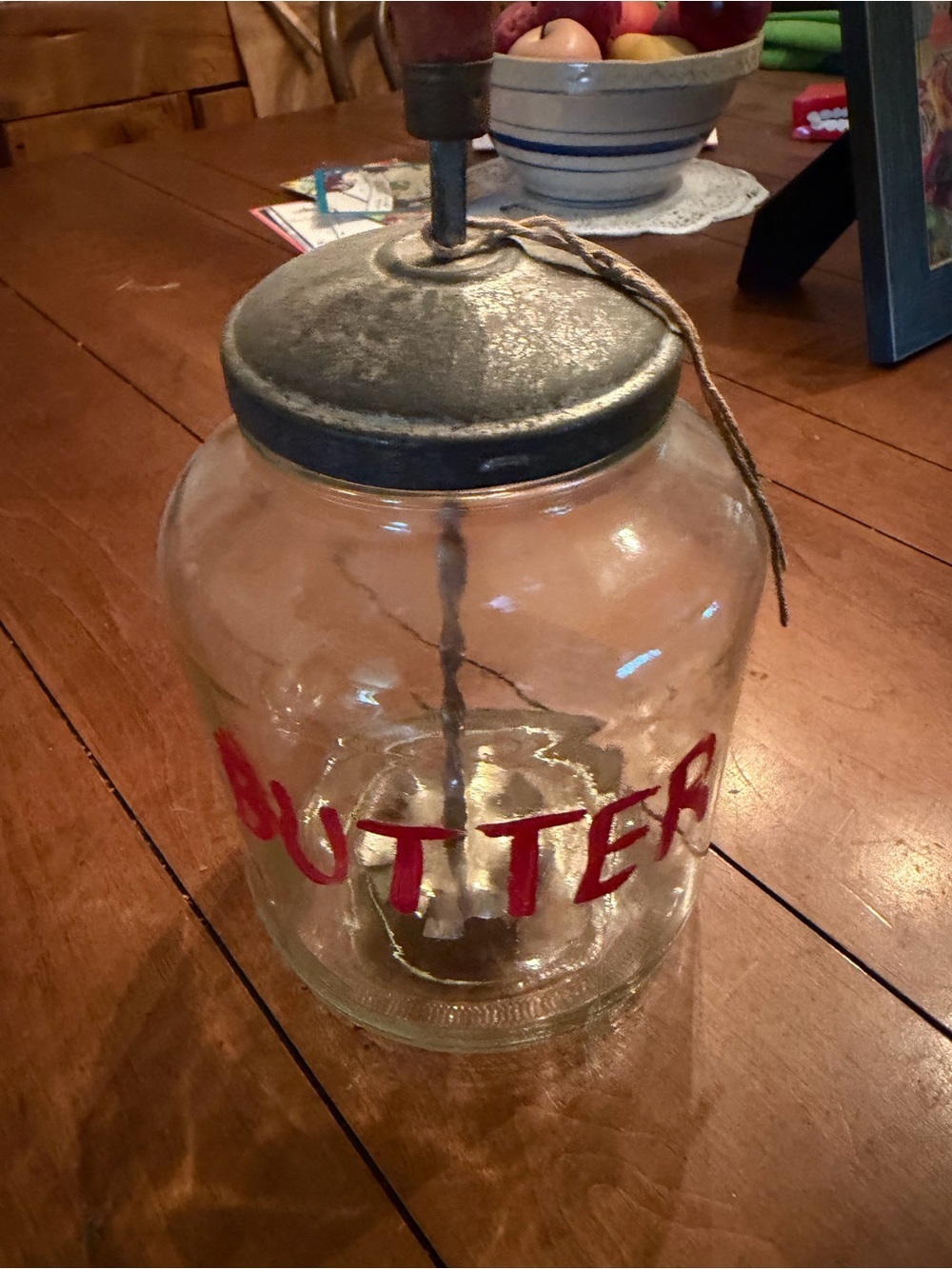 Vintage-Style Glass Butter Churn Jar with Metal Lid - Red Lettering